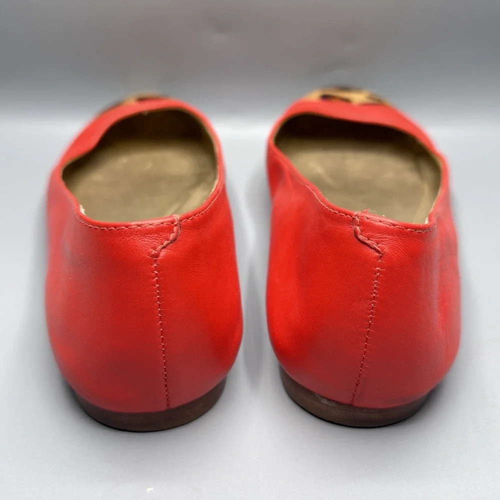 Kate Spade New York Coral Red Leather Cheetah Calf Hair Cap Toe Flats Womens 8.5